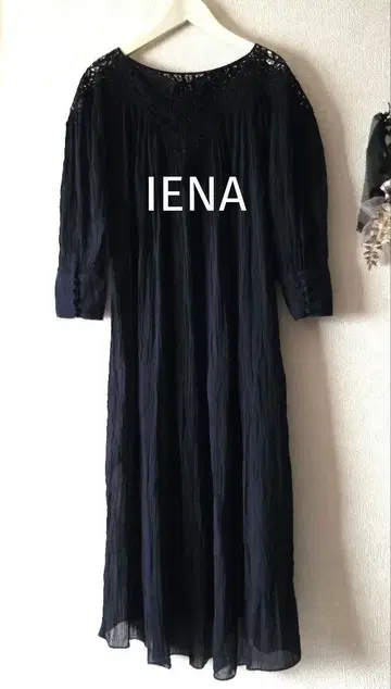 IENA 이에나 레이스 카프탄 개더 원피스 코튼 네이비