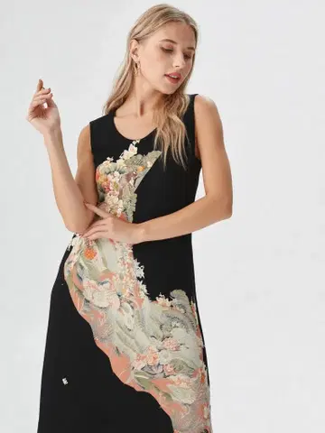 기모노 리메이크 전통 예복 기모노 꽃무늬 자수 슬리브리스 원피스 블랙
