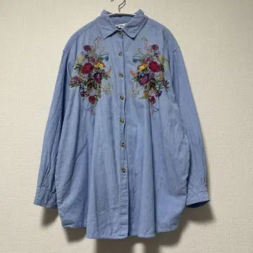 90s 구제 의류 자수 꽃 바지 셔츠 블라우스 긴팔 블루