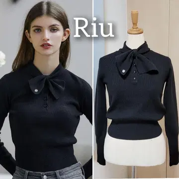 [ RIU ] Ribbon tie knit 리본 자수 타이트 니트 블랙