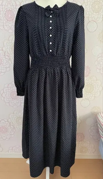 빅 PINK HOUSE 핑크하우스 블랙 도트 무늬 리본 원피스 M