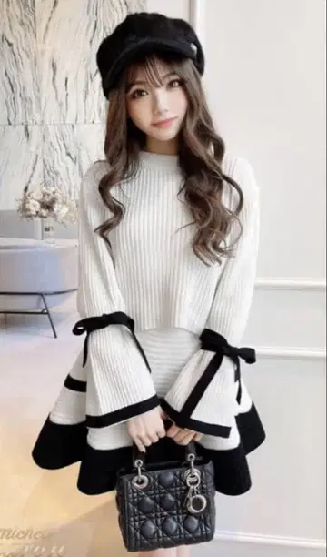 미셸 마카롱 몰 니트 소매 리본 바이컬러 셋업