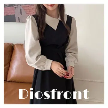 새상품 디오스 프론트 퍼프 슬리브 백리본 배색 카라 원피스