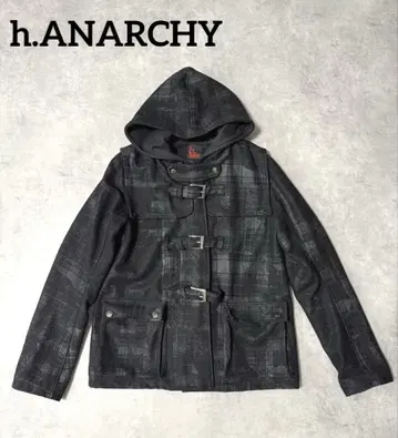 h. ANARCHY 후드 부착 체크 무늬 더플 코트 펑크