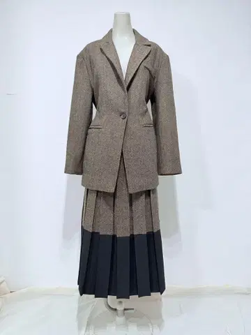 브라운 헤링본 스커트 셋업