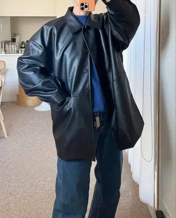 NUGU POIK 클래식 페이크 레더 재킷 블랙 오버 사이즈