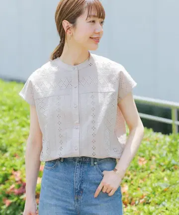 어반 리서치 서니 라벨 밴드 카라 코튼 레이스 셔츠