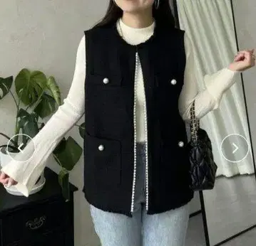프로즈 베일 펄 버튼 노카라 트위드 베스트