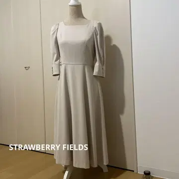 스트로베리 필드 베이지 퍼프 슬리브 7부 소매 원피스
