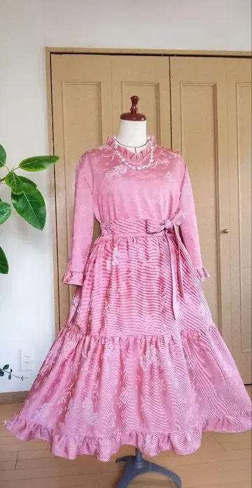 기모노 리메이크 티어드 원피스 핑크 M~3L 프릴 봉황 꽃무늬 순수 실크