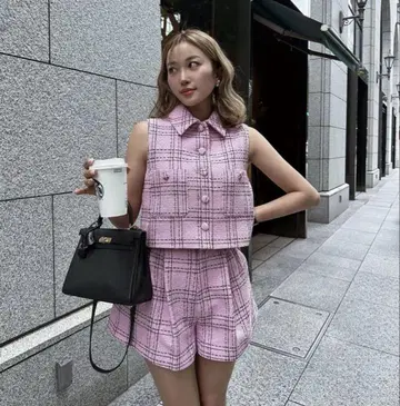 셰리에 sketch check tweed 베스트 핑크