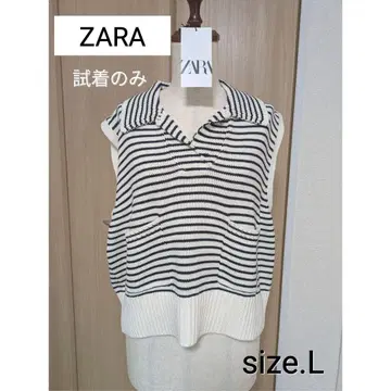 ZARA 화이트 블랙 보더 니트 베스트 카라 포함 L