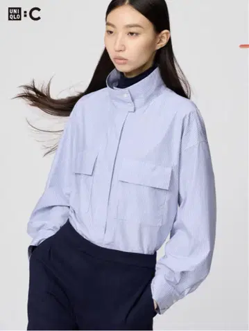 유니클로C 코튼 스탠드 카라 셔츠 자켓 스트라이프 블루 M