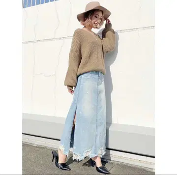 사이드 슬릿 데님 롱 스커트 아이스 블루