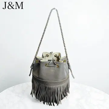 J&M 숄더백 복조리 프린지 가죽 그레이 계열 새상품급