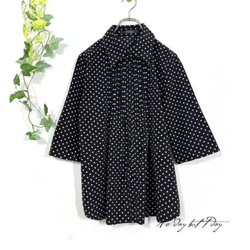 PENDORA 페라 도트 무늬 블라우스 셔츠 L 블랙 7부 소매 핀턱