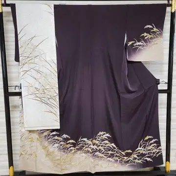 컨디션 최상 순수 실크 보라색 벼이삭 무늬 호몬기 오비 세트