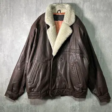 빈티지 가죽 블루종 보아 옷깃 브라운 충전솜 쇼트 기장 플라이트