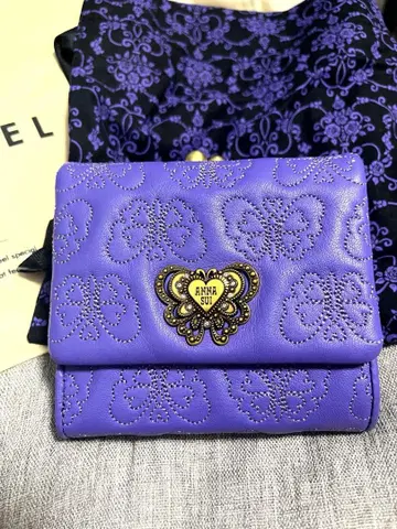 ANNA SUI 보라색 가죽 버터플라이 가마구치 3단 폴더형 지갑