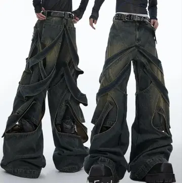 Argue Culture 2색 카고 데님 팬츠 워시드 레이어드 절개