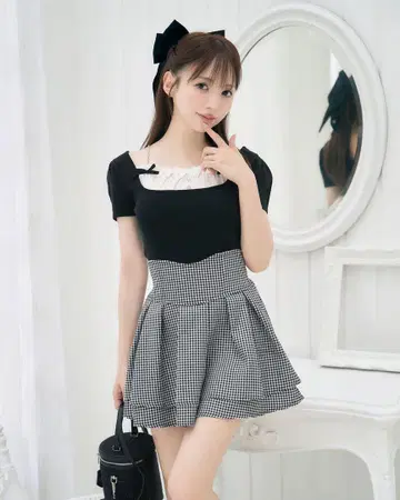 미셸 마카롱 스커트 하운드투스 체크 패턴