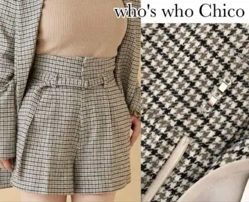 chico 브라운 체크 무늬 벨트 달린 숏팬츠