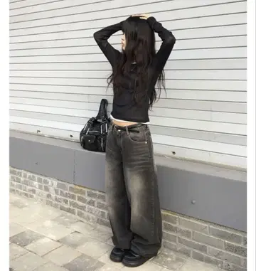 anyonemore 벌룬 핏 블랙 데님 워싱 와이드 팬츠