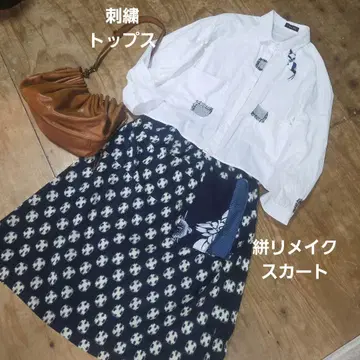 기모노 리메이크 카스리 스커트 자수 상의 프리 사이즈 호두 단추 브로치