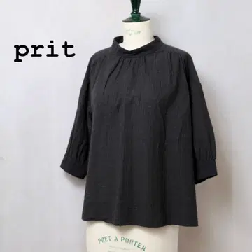 새상품 prit 프릿 면린넨 쉐도우 체크 7분 소매 클레릭 풀오버 블랙