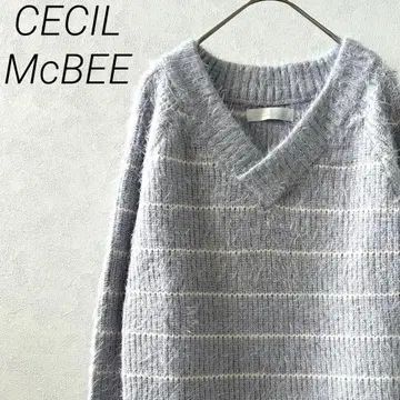 CECIL McBEE 샤기 니트 스웨터 V넥 보더 심플