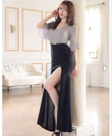 머메이드 슬릿 장식 허리 벨트 모티브 레이스 플레어 소매 롱 드레스