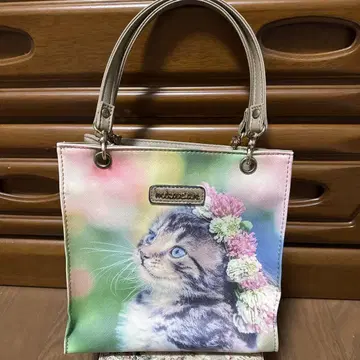 고양이 프린트 핸드백 베이지