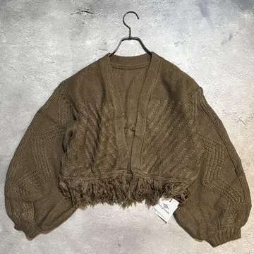 knitJemade 프린지 니트 가디건 볼륨 소매 브라운