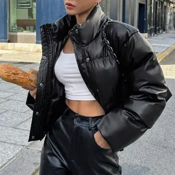 다운 자켓 블랙 가죽풍