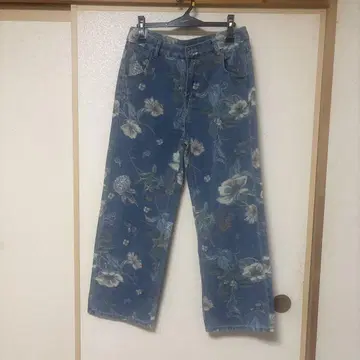 플라워 프린트 블루 데님 팬츠 꽃무늬