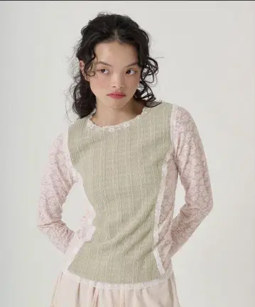 Tina jojun 이소재 패널 디자인 롱 T 핑크