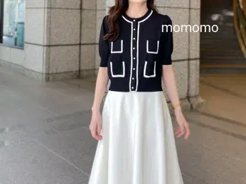 엠프리미어 블랙 펄 버튼 반팔 가디건 블랙 바이컬러 36