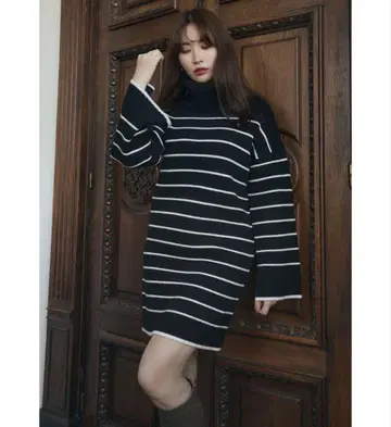 하립투 스트라이프 터틀넥 니트 원피스 드레스 M