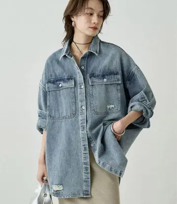 LOUNGEDRESS 데미지 데님 셔츠 F 사이즈 블루