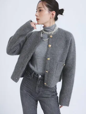 아뉴앙스 라쿤 블렌드 노카라 니트 자켓 그레이