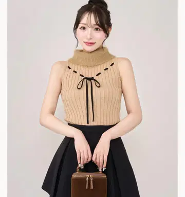 Darich 스티치 리본 슬리브리스 니트탑