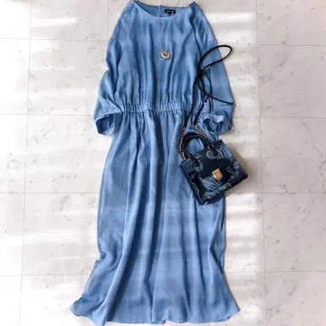 INDIVI 세탁 가능 XL 색스 블루 최근 개더 새틴 원피스