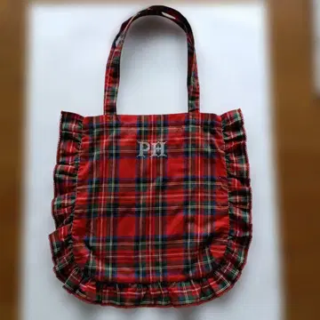 프릴이 달린 레드 계열 체크 토트백 (미사용에 가까움)