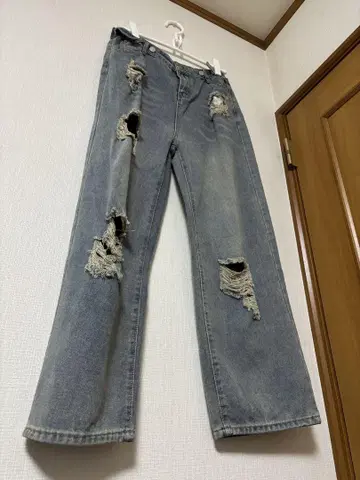 데미지 데님 크러쉬 데님 사이드 버튼 배기 데님