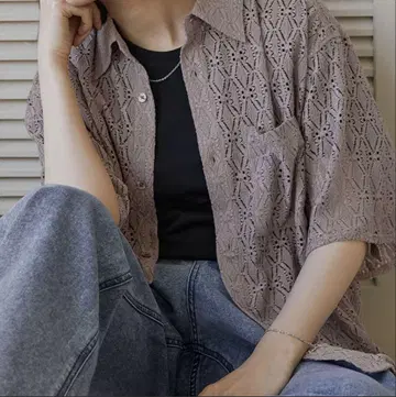 MONO-MART 레이스 시어 셔츠 차콜 M 루즈 실루엣 새상품급