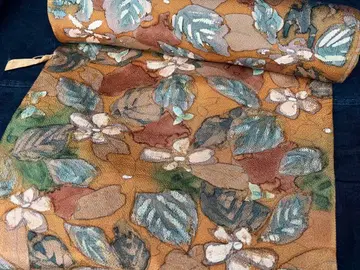 라이트 브라운 로우케츠 염색 코몬 풀꽃 크레이프 원단 기모노 원단