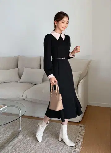 블랙 베이지 긴팔 롱 원피스