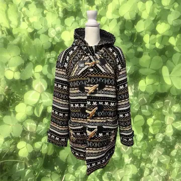 모리걸 빈티지 00s 후드 부착 더플 코트 노르딕 무늬 블랙