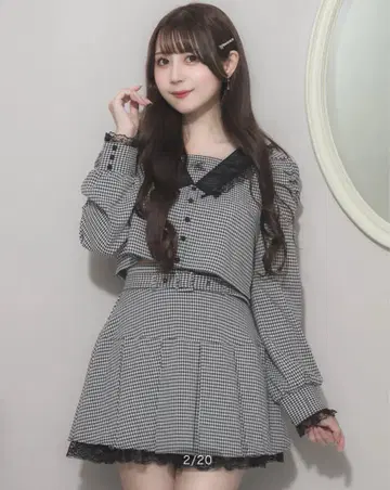 pium 레이스 리본 칼라 블라우스 플리츠 프릴 미니스커트 깅엄