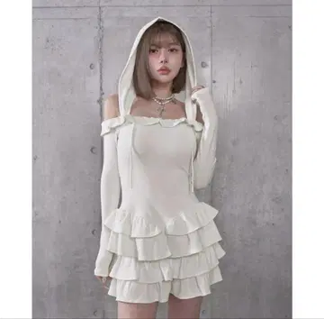 darich 볼륨 프릴 리브 미니 원피스 후드 부착